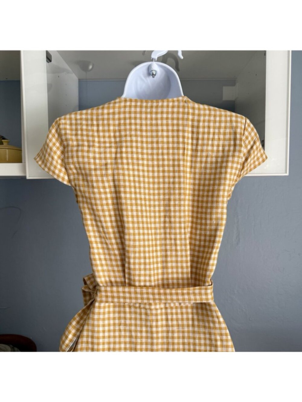 & Other Stories Gingham Check Linen Maxi Midi Wrap Dress Mustard Yellow White - Picture 7 of 10